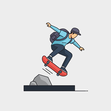 Person skateboarding over a rock with a backpack and hat.