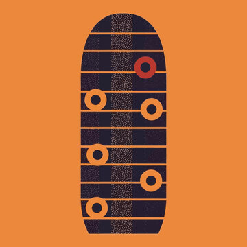 Abstract illustration of a guitar neck with circular fret markers.
