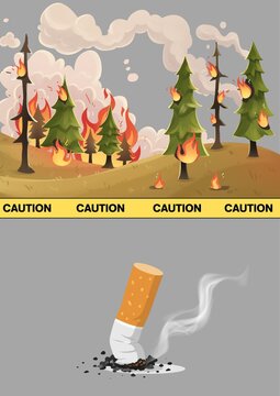 Conceptual illustration of a forest fire disaster warning caused by a smoldering cigarette butt with caution tape