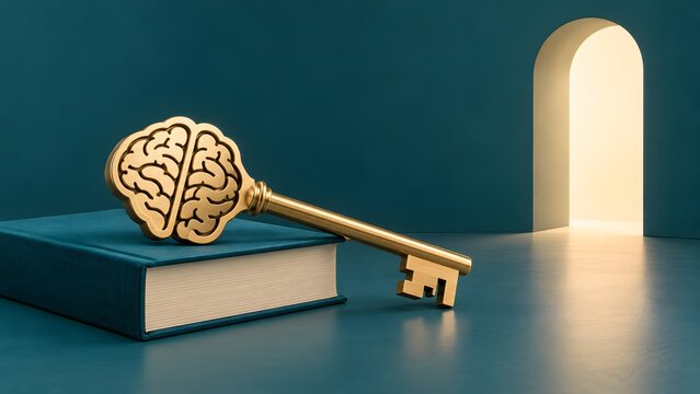 Golden key with a brain shaped head resting on a blue book pointing towards an open doorway with bright light, symbolizing knowledge unlocking potential and new opportunities