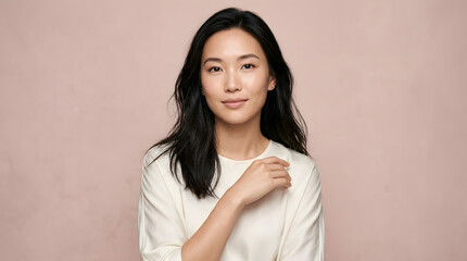 Fototapeta premium Studio portrait of a serene young Asian woman with natural beauty looking at camera