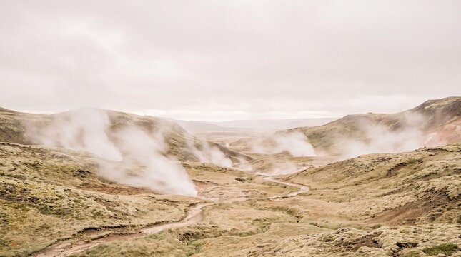 Natural environment art, gentle geothermal steam rises above a pastel-hued landscape at dusk