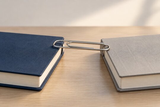 Large Paper Clip Connecting Two Books on Wooden Desk