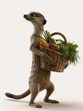 3D rendering of meerkat holding a basket of fresh vegetables