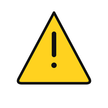 A standard warning sign icon featuring a bold, equilateral bright yellow triangle with a thick black outline, centered on a plain white background. At the triangle&rsquo;s center is a large, solid black exc