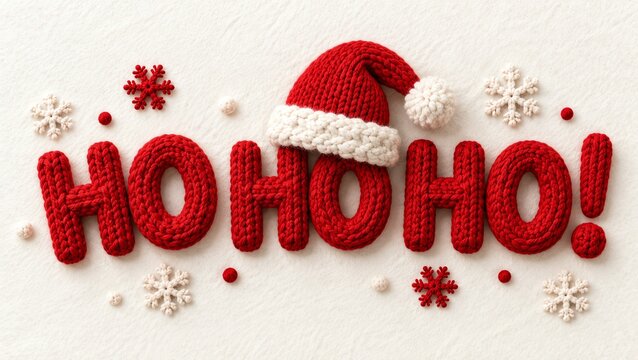 Christmas Ho Ho Ho sign made from chunky red knitted wool, creating a cozy handmade festive decoration with bold textured lettering.