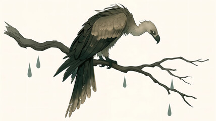 Obraz premium Dark fantasy vulture bird with bare head perched on a twisted bare branch with falling teardrops in muted beige tones for gothic mystical designs