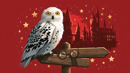 Fototapeta premium Enchanted snowy owl perched on a rustic wooden signpost beside round spectacles with a magic castle silhouette and golden stars on deep red background