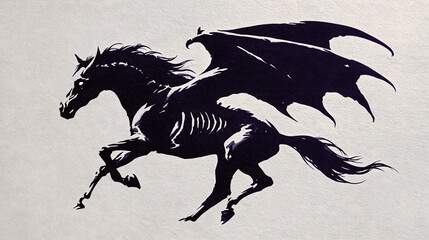 Obraz premium Dark fantasy winged horse galloping in black ink silhouette with skeletal ribs and wide bat wings on textured paper for mythical creature art