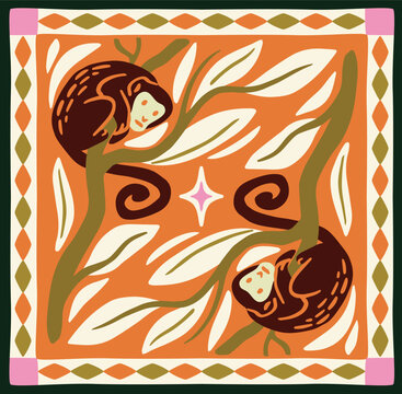 Vector illustration of decorative tropical tile with two monkeys, branches, leaves and colorful folk art ornament on orange background
