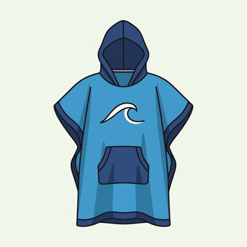 Illustration of a blue hooded sweatshirt with a wave logo.