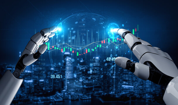 Robotic hands interact with financial data on a digital interface, illustrating advanced analytics and futuristic technology in a dynamic market environment. Scalp