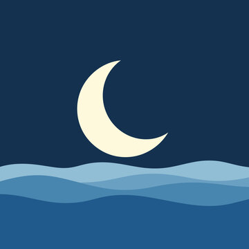 Crescent moon over stylized ocean waves at night.