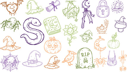 Fototapeta premium Halloween naive illustration set of spooky doodles