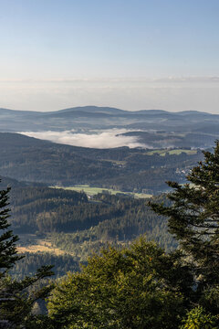 Early morning view from Mount Hennenkobel over the Bavarian Forest near Zwiesel, Bavaria, Germany