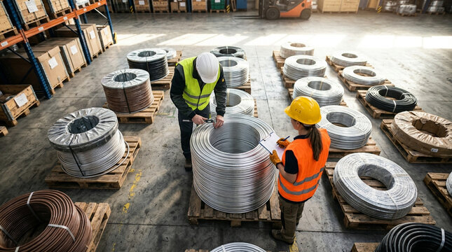 Two warehouse workers in high-visibility vests and hard hats inspecting large industrial wire coils on wooden pallets in a distribution center using calipers and a clipboard.