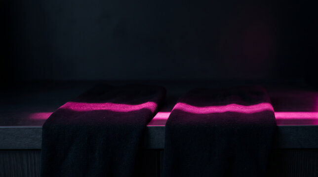 Black socks with pink light on dark surface