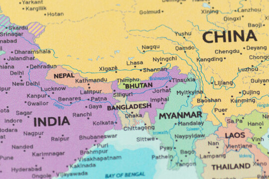 Close up view of bhutan on a modern political world map