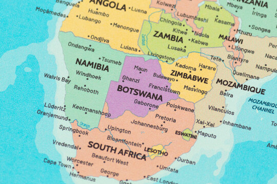 Close up view of botswana on a modern political world map