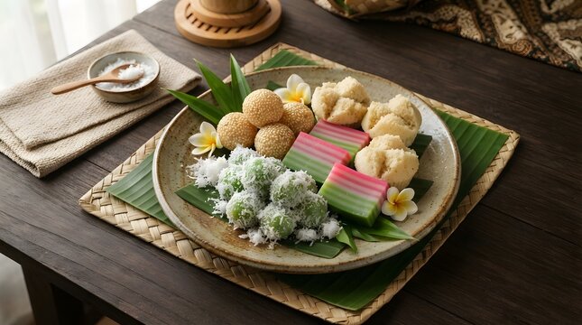 Assorted Indonesian Traditional Desserts Jajanan Pasar Serving on Ceramic Plate