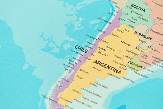 Close up view of chile on a modern political world map