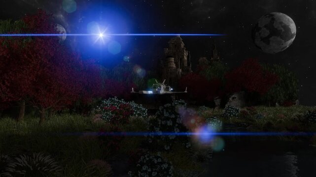 A science fiction scene in a fantasy world with spaceships and space stations.