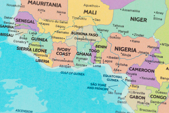 Close up view of ghana on a modern political world map