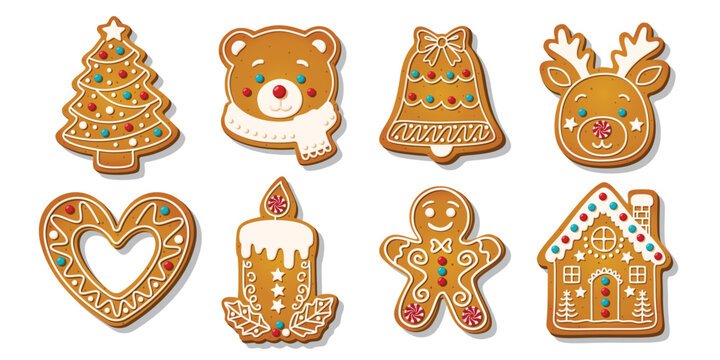 Christmas Gingerbread cookies for xmas celebration. Winter homemade biscuits with sweet icing details in festive shapes isolated on white background. Festive decoration vector illustration.