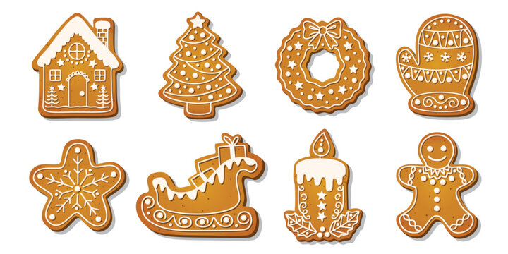 Christmas Gingerbread cookies for xmas celebration. Winter homemade biscuits with sweet icing details in festive shapes isolated on white background. Festive decoration vector illustration.