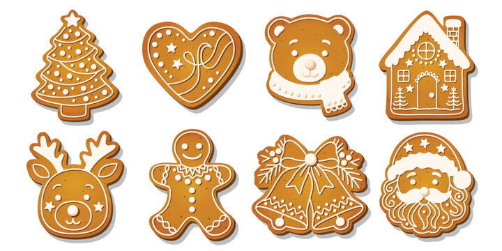 Christmas Gingerbread cookies for xmas celebration. Winter homemade biscuits with sweet icing details in festive shapes isolated on white background. Festive decoration vector illustration.