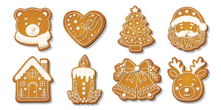 Christmas Gingerbread cookies for xmas celebration. Winter homemade biscuits with sweet icing details in festive shapes isolated on white background. Festive decoration vector illustration.
