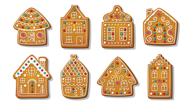 Christmas Gingerbread cookies for xmas celebration. Winter homemade biscuits with sweet icing details in festive shapes isolated on white background. Festive decoration vector illustration.