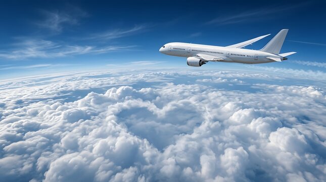 A majestic white airplane soars through a bright blue sky, passing by a large heart-shaped cloud formation
