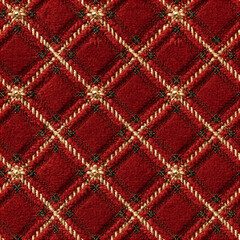 Obraz premium Seamless pattern red quilted fabric showing a diamond pattern with gold twisted thread and small metallic flower decorations. Luxurious texture