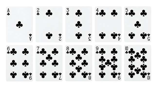 A complete set of playing cards from Ace to 10 of clubs, showcasing clear numbering and suit symbols, perfect for card game designs or gambling themes, isolated on a transparent background.