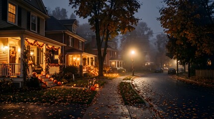 Fototapeta premium Suburban neighborhood street decorated with glowing jackolanterns and autumn foliage under a thick evening misty fog