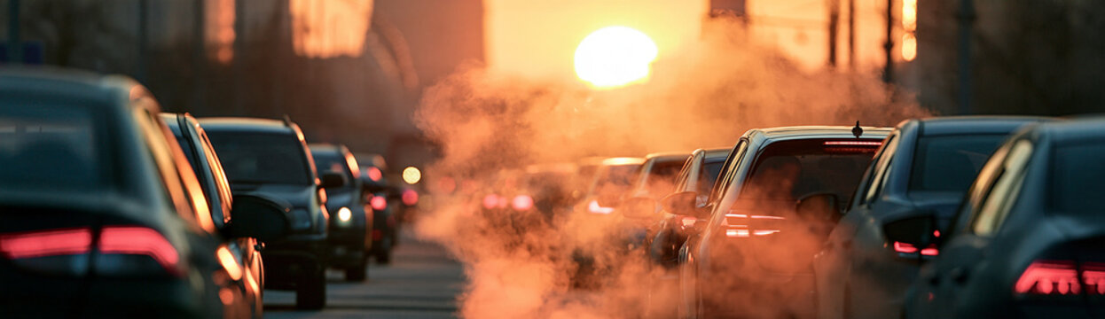 Traffic jam during sunset with visible exhaust fumes rising from cars on a congested road.