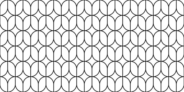 Pattern with black repeated overlapped oval shapes on white background. Simple geometric print. Elegant minimalistic wallpaper. Mosaic abstract ornament. Vector graphic illustration.