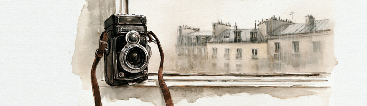 Vintage box camera with leather strap placed on a windowsill, overlooking classic European-style rooftops in a muted sepia-toned watercolor style.