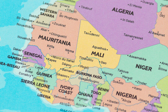 Close up view of mali on a modern political world map