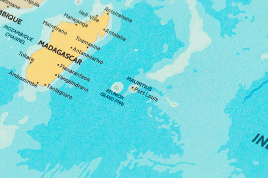 Close up view of mauritius on a modern political world map