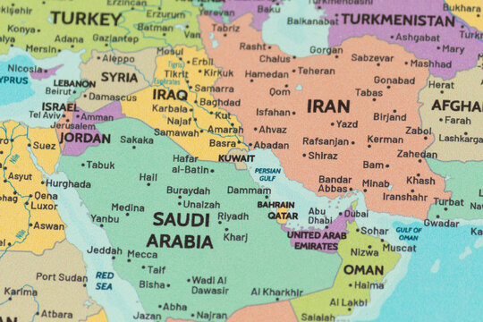 Close up view of kuwait on a modern political world map