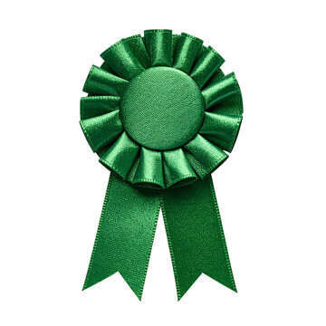 Green rosette ribbon award badge made of shiny satin fabric for achievement and excellence isolated on transparent background