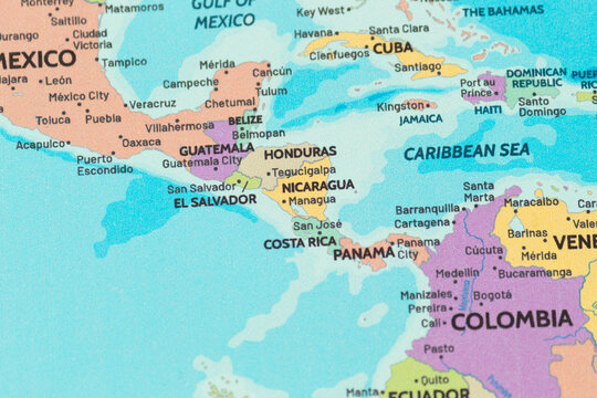 Close up view of nicaragua on a modern political world map