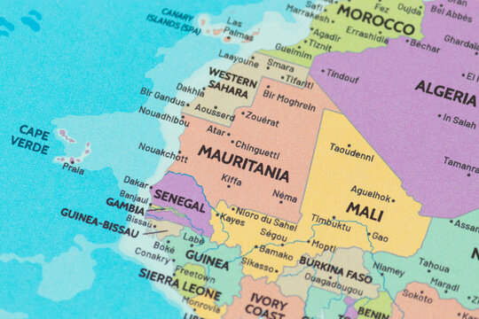 Close up view of mauritania on a modern political world map