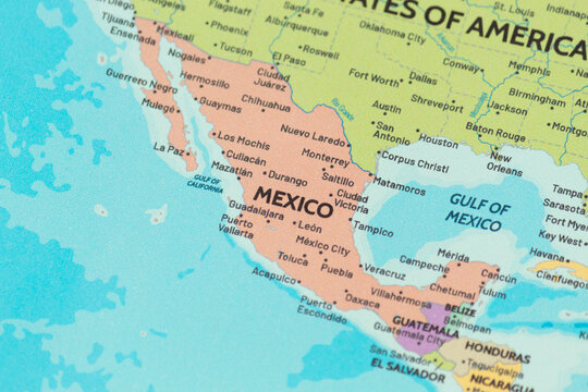Close up view of mexico on a modern political world map