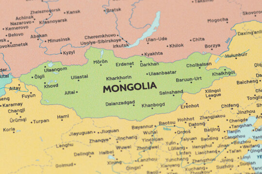 Close up view of mongolia on a modern political world map