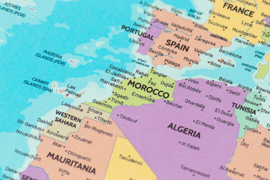 Close up view of morocco on a modern political world map
