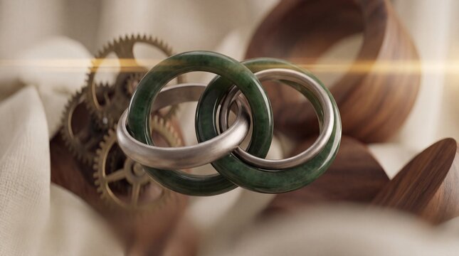 Sustainable materials design, interlocking rings of polished jade and titanium showcase a circular economy theme