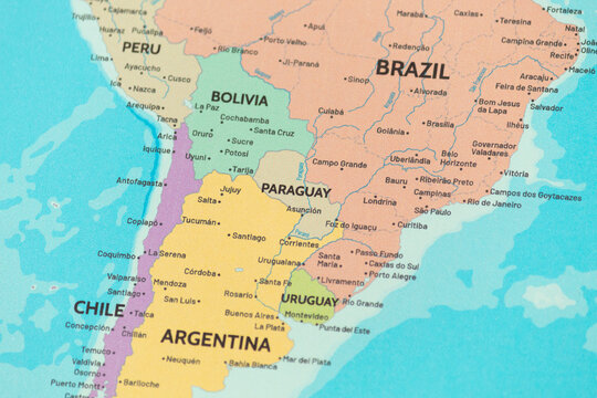 Close up view of paraguay new guinea on a modern political world map